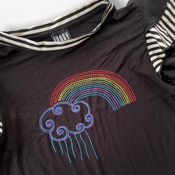 Ivory Tops - Embroidered Rainbow Shirt With Ruffle Sleeves Size Small